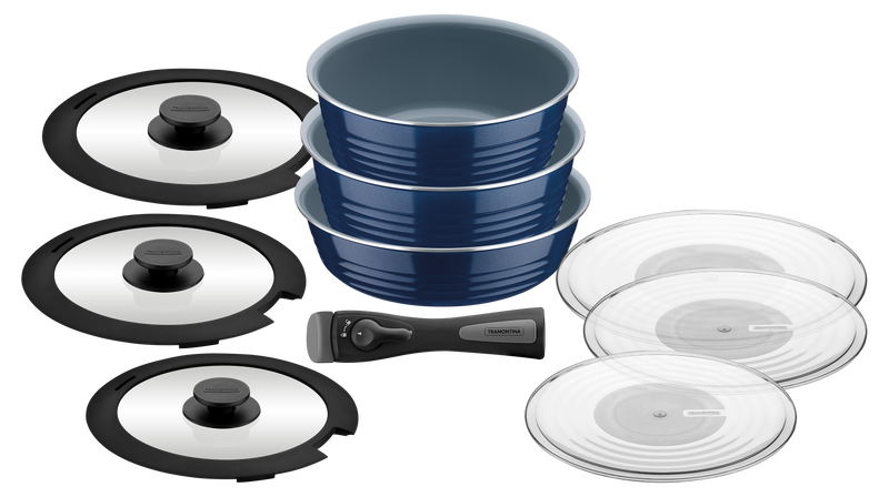 10pc. Multipurpose Blue Aluminum Cookware Set with Ceramic Coating  and Removable Handle - Ítria - Ceramic Coating