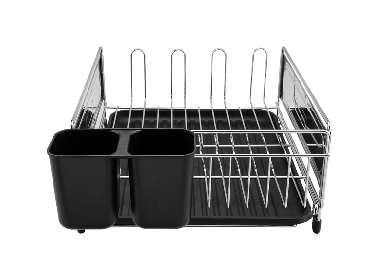 Plurale Black Chrome Steel Dish Drainer Rack With Cutlery Holder  (436x305x163 mm)