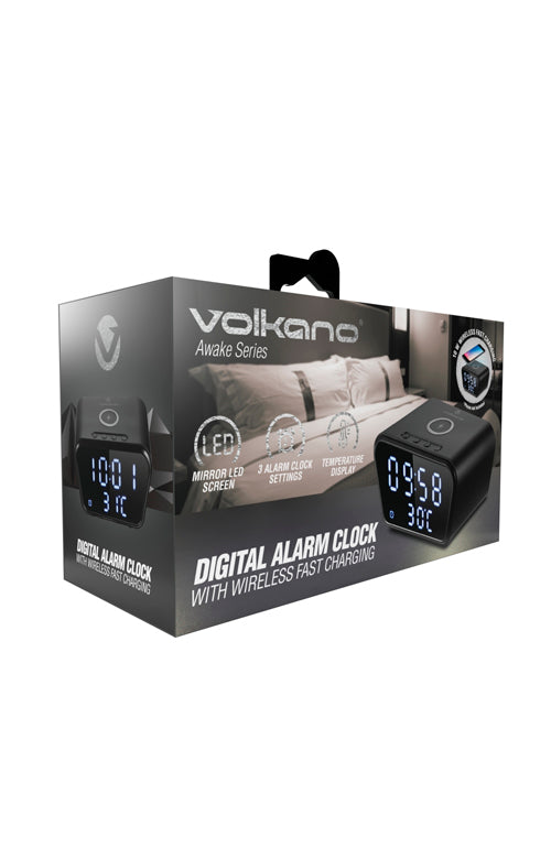 Volkano Awake series Alarm Clock with Wireless Charging - Black