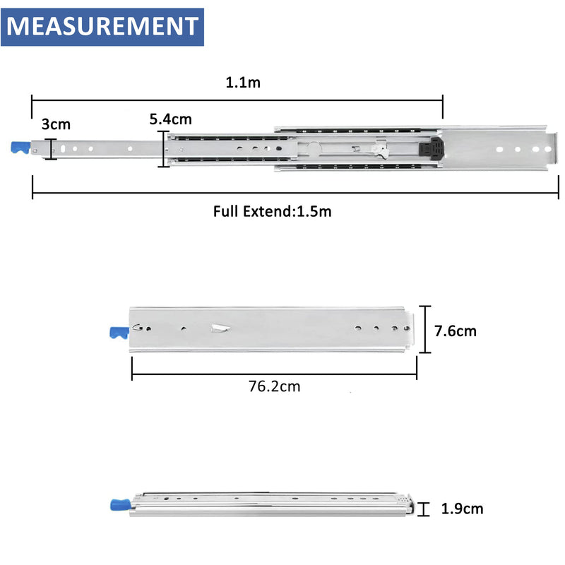 Set of 2 Heavy Duty 76mm 4 x 4 Bakkie Drawer Slides With Lock-1.5m