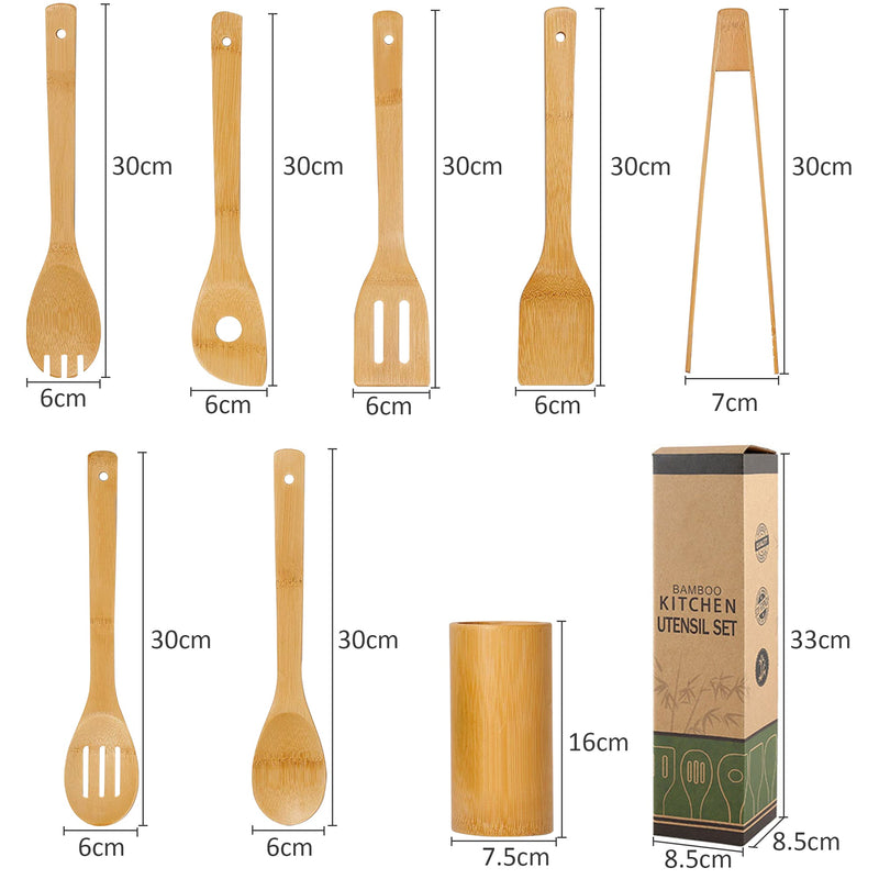 Bamboo Cooking Utensils With Holder 8 Pcs Set