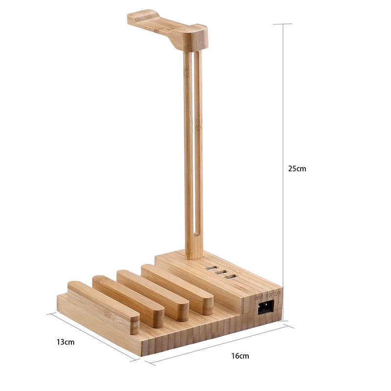 Bamboo Headphone Stand with Charging Station (Clearing Item)