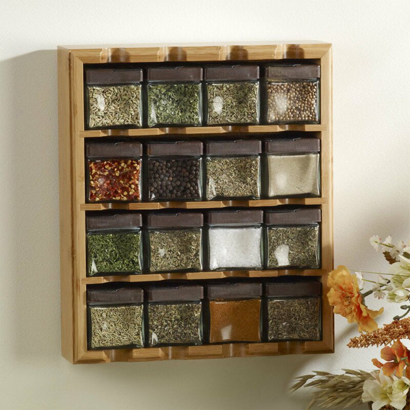 Bamboo Spice Rack & 16 Spice Jars Set