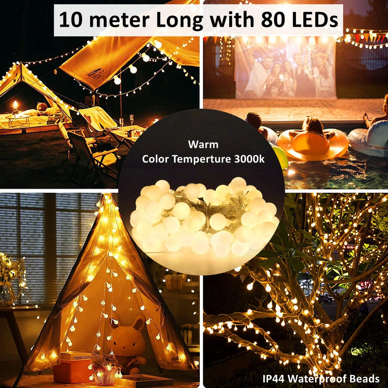 Parasol Patio Umbrella LED Light & 10M Globe String Lights