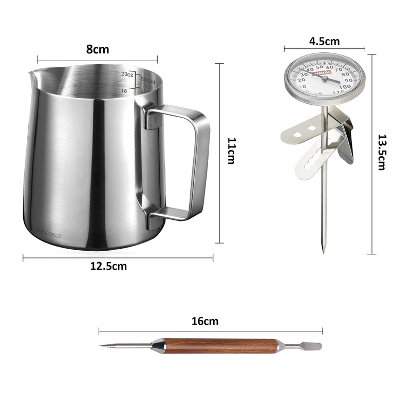 Milk Frothing Jug with Thermometer & Latten Art Pen