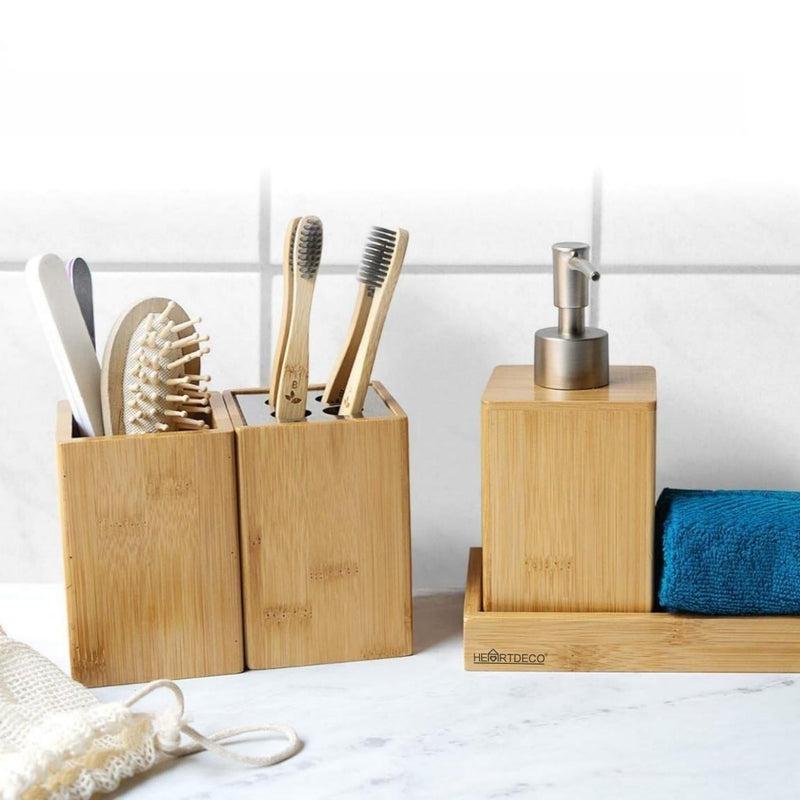 Bamboo Bathroom Accessories Set Soap Dispenser Organizer