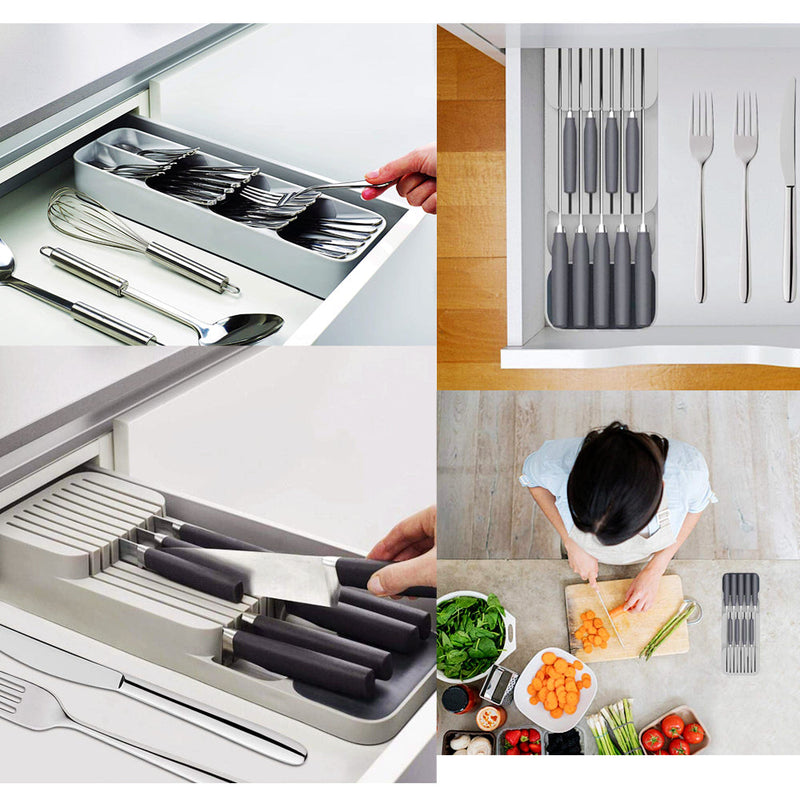 Kitchen Drawer Cutlery Organizer and Knives Storage Tray Set