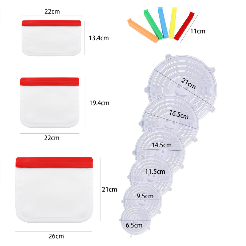 Reusable Food Storage Bag Silicone Lid & Bag Clips Set