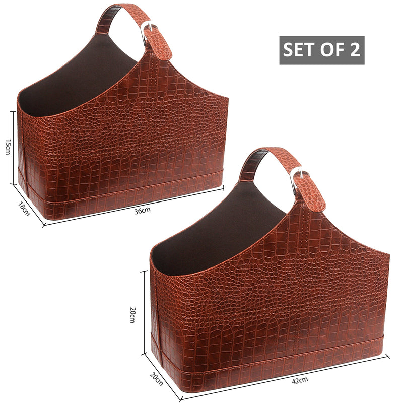 2PCs PU Leather Magazine Holder Basket - Brown Croc