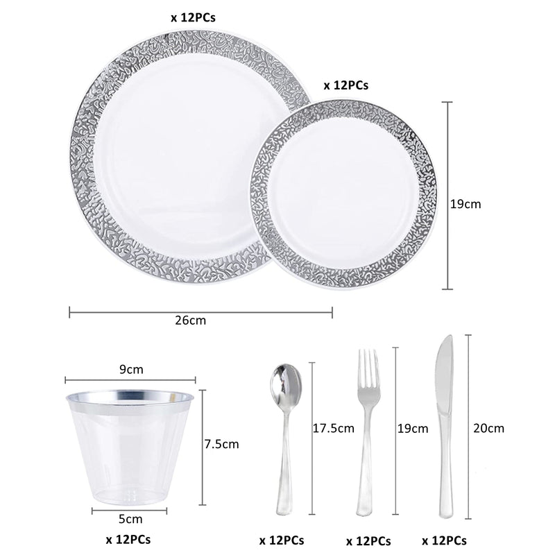 72Pcs Disposable Plastic Party Plates Dinnerware Set - Silver