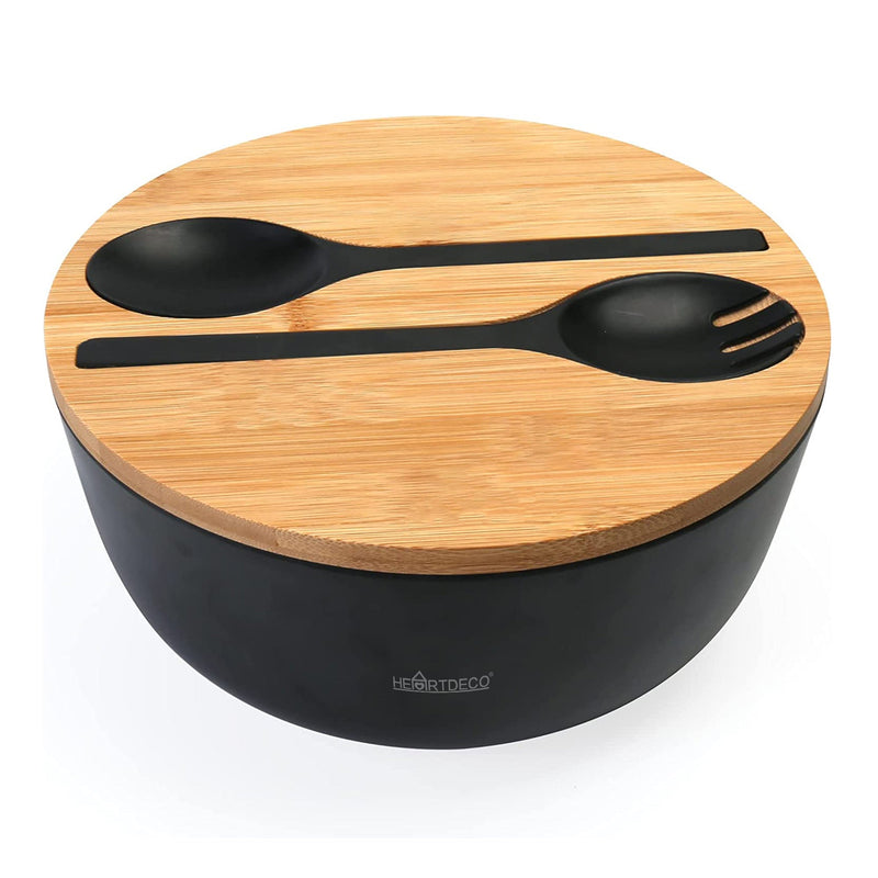 Salad Bowl With Bamboo Lid and Serving Spoons Set