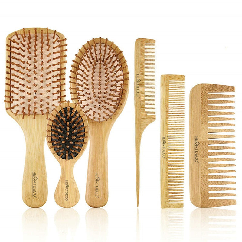 Bamboo Detangling Hair Brush Comb 6Pcs Set