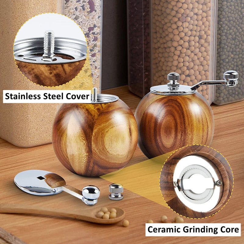 Round Wooden Manual Pepper Salt Grinder Set