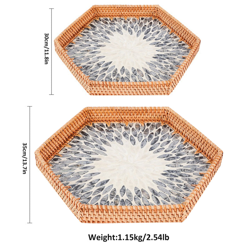 Set of 2 Woven Rattan Mother of Pearl Serving Tray-Hexagon