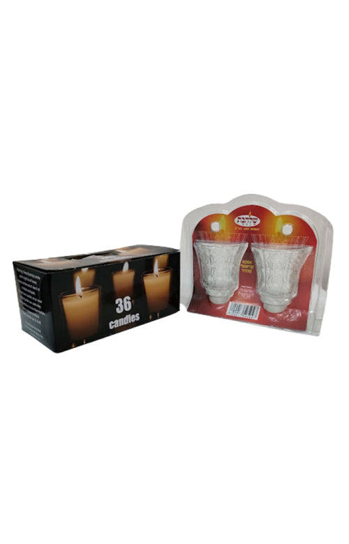 " ZOHAR " Glass Candle Holders & 36 Candles - Set of 2