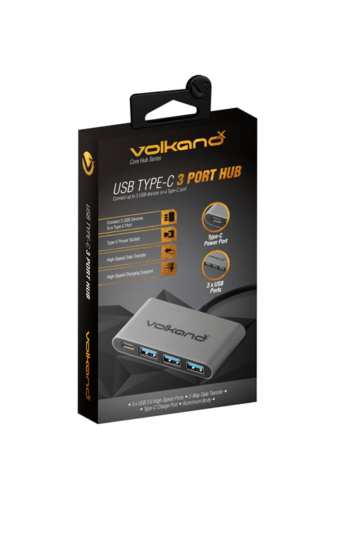 VolkanoX Core Hub series USB Type C to 3x USB 3.0 plus Power - 10cm - Charcoal
